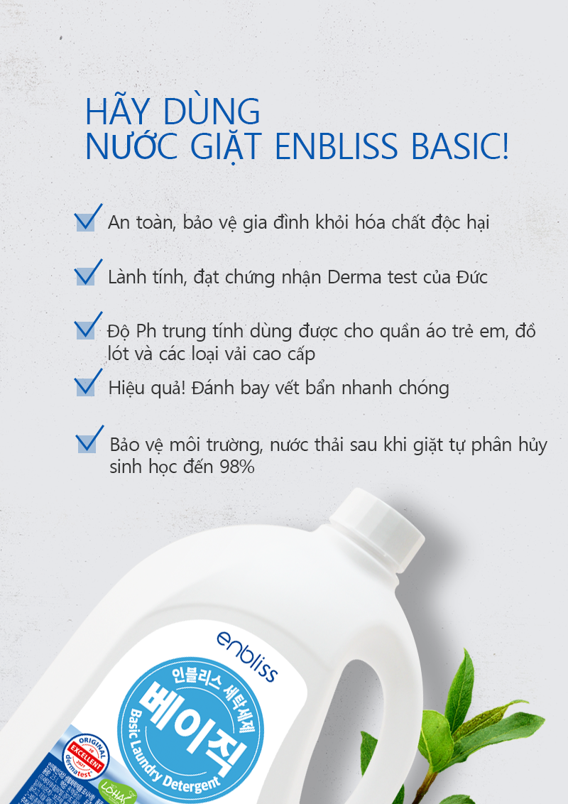 Nước giặt sinh học không kích ứng da - Enbliss Basic Hàn Quốc Can 2,5L