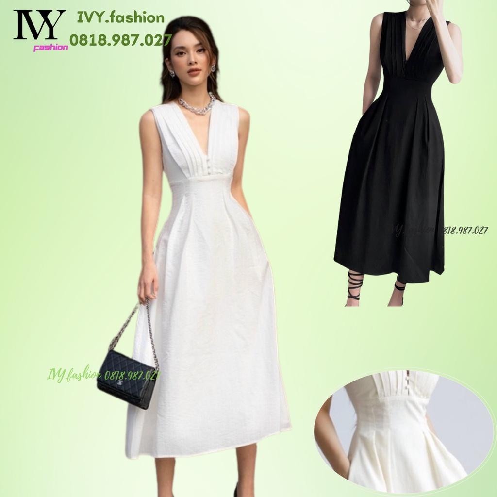 Đầm midi xòe dài cotton xếp ly cổ V trắng đen sát nách không tay ivy fashion đi biển dự tiệc dạo phố