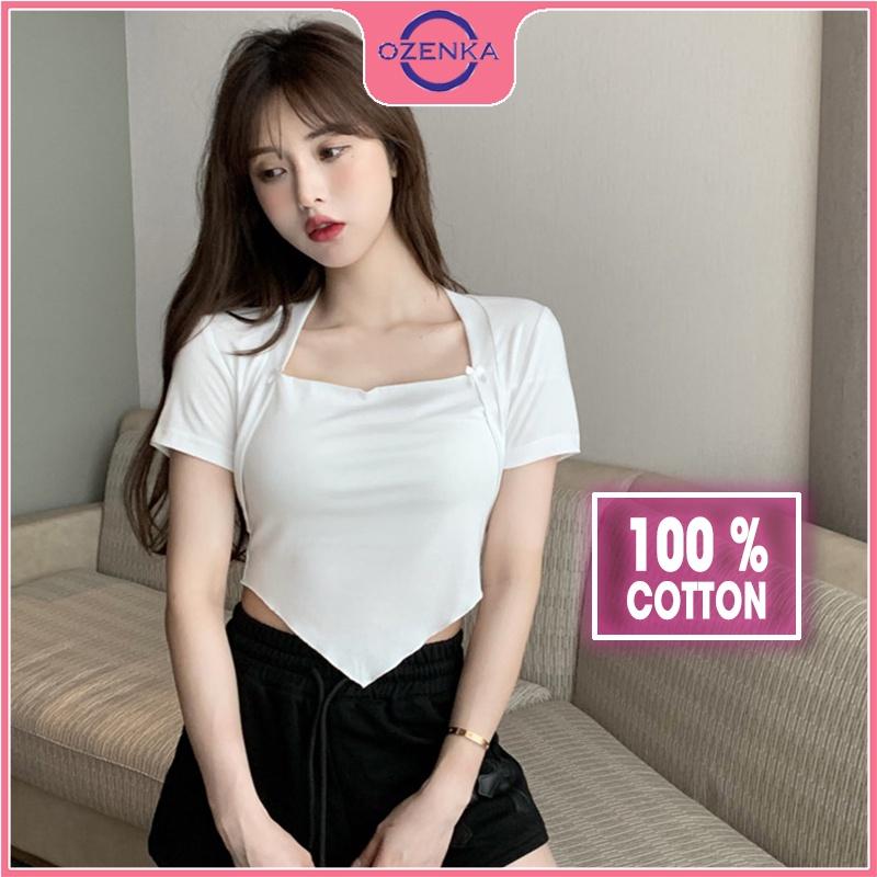 Áo croptop cổ vuông vạt yếm , crt tay ngắn ôm đẹp thun gân 100% cotton free size dưới 52 kg màu đen trắng