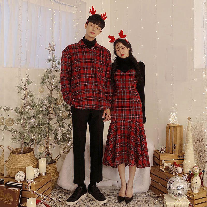 Đồ đôi nam nữ Áo cặp váy sơ mi thời trang couple hàn quốc sọc kẻ caro màu đỏ 2 dây đẹp AV32