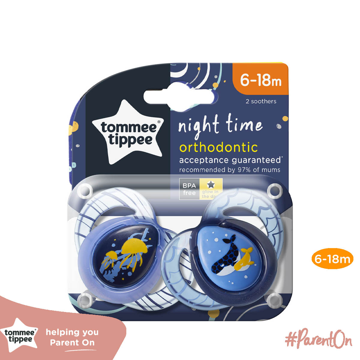 Ty ngậm dạ quang cho bé Tommee Tippee Night Time 6-18 tháng (vỉ đôi) - Cá Voi