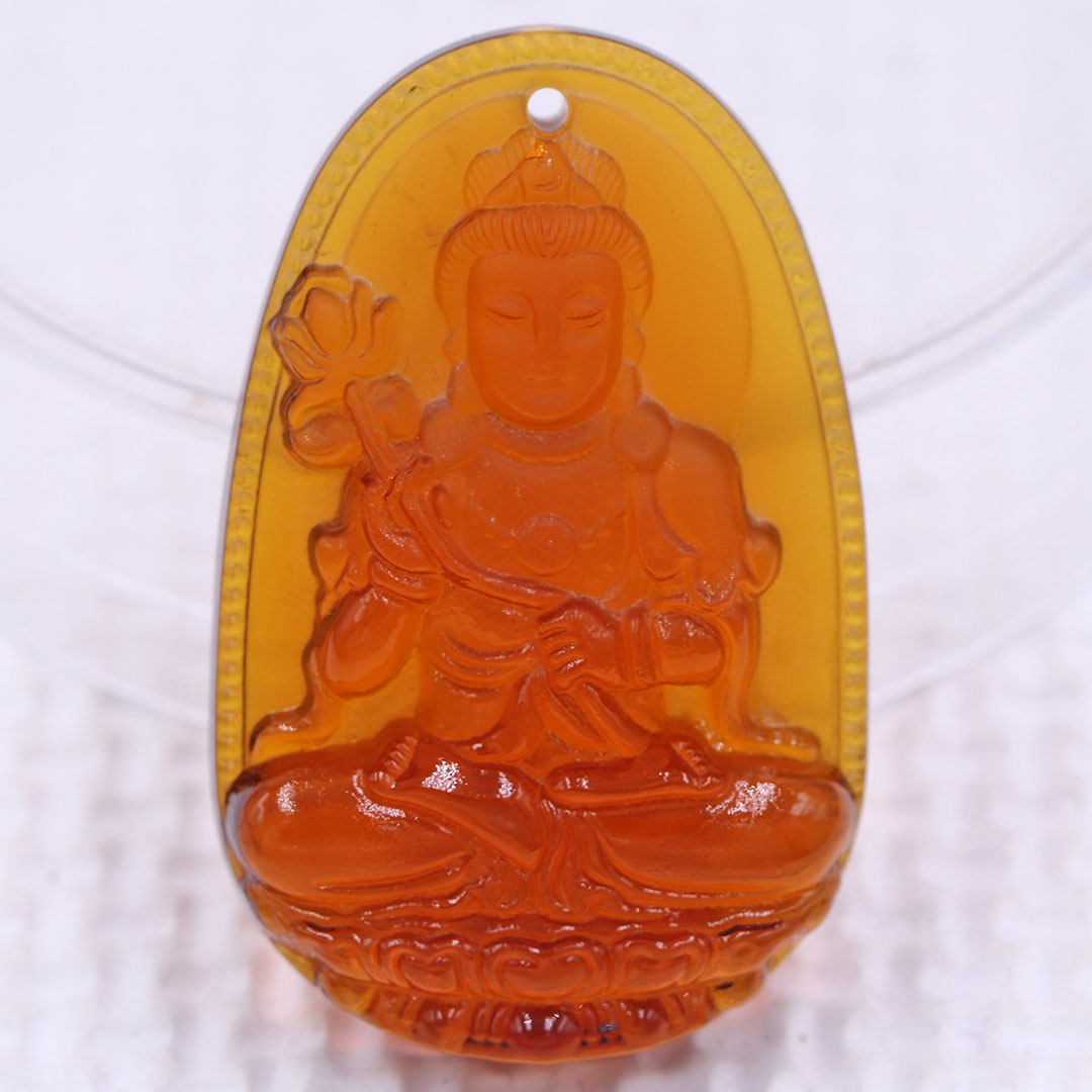 Mặt Phật Đại thế chí pha lê cam 1.9cm x 3cm  kèm móc dây chuyền inox vàng, Phật bản mệnh, mặt dây chuyền Phật giáo