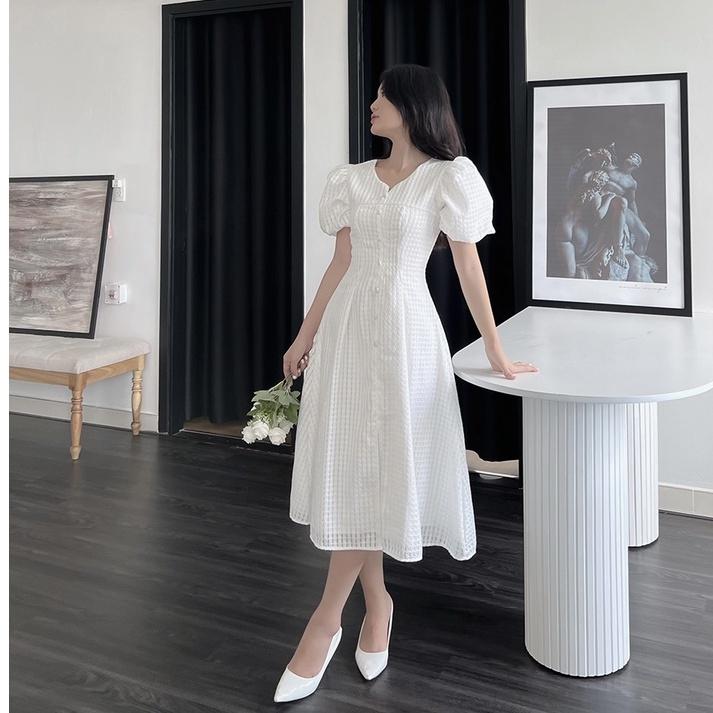 BBSTORE'S Đầm Xòe Tay Phồng Caro Nút Bọc Thời Trang Cho Nữ Đi Làm Đi Tiệc -D1056