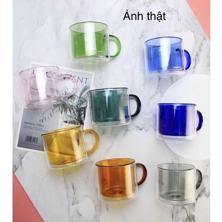 Cốc thủy tinh 2 lớp sắc màu, cốc thủy tinh có quai 300ml chịu nhiệt cao cấp