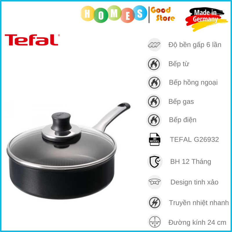 Chảo Chống Phủ Titanium Excellence TEFAL G26932 Size 24 Cm - Nhập Khẩu Đức Bền Gấp 6 Lần Chảo Thường - Hàng Nhập Khẩu