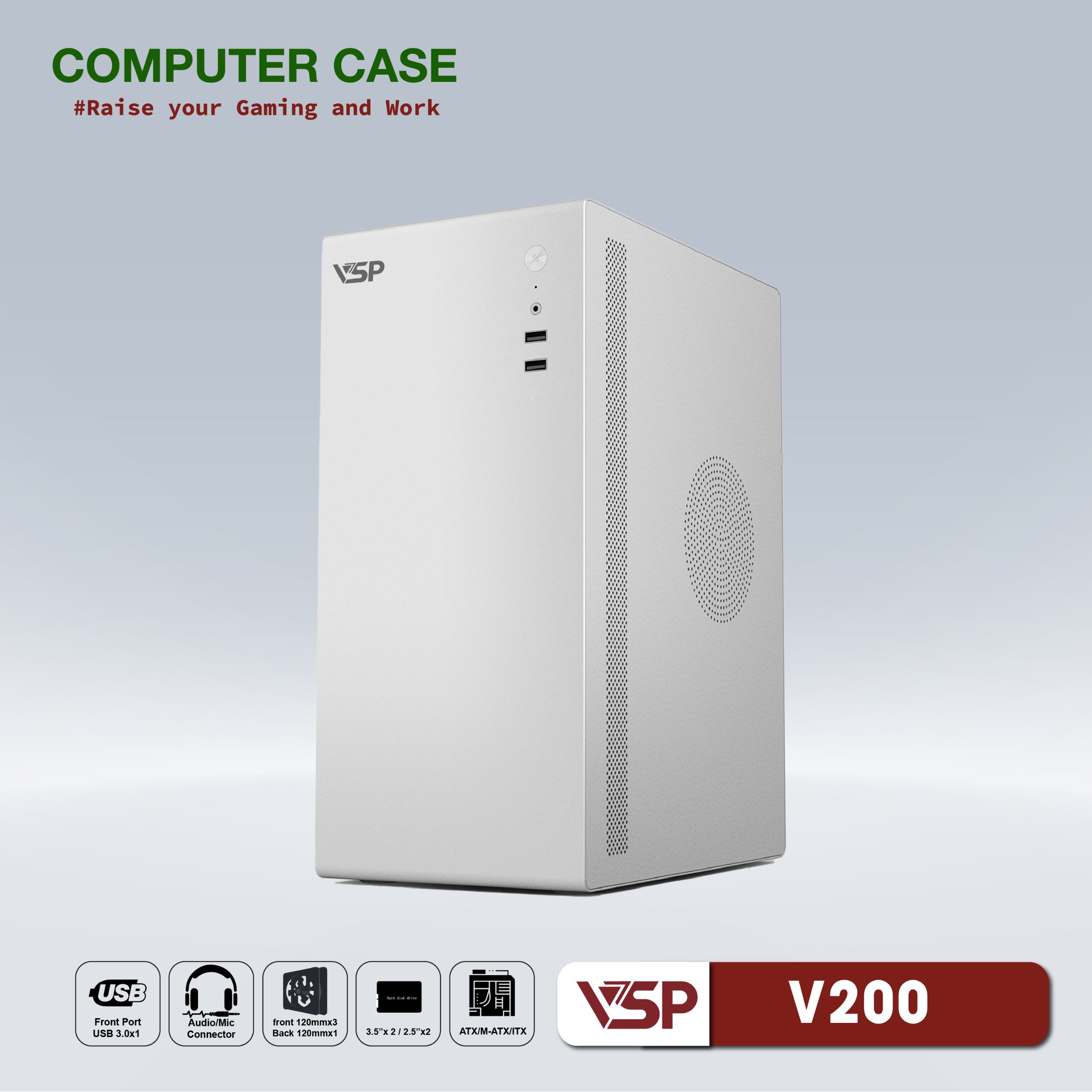 VỎ CASE MÁY TÍNH VSP V200 (mATX, Đen/ Trắng) - JL - HÀNG CHÍNH HÃNG