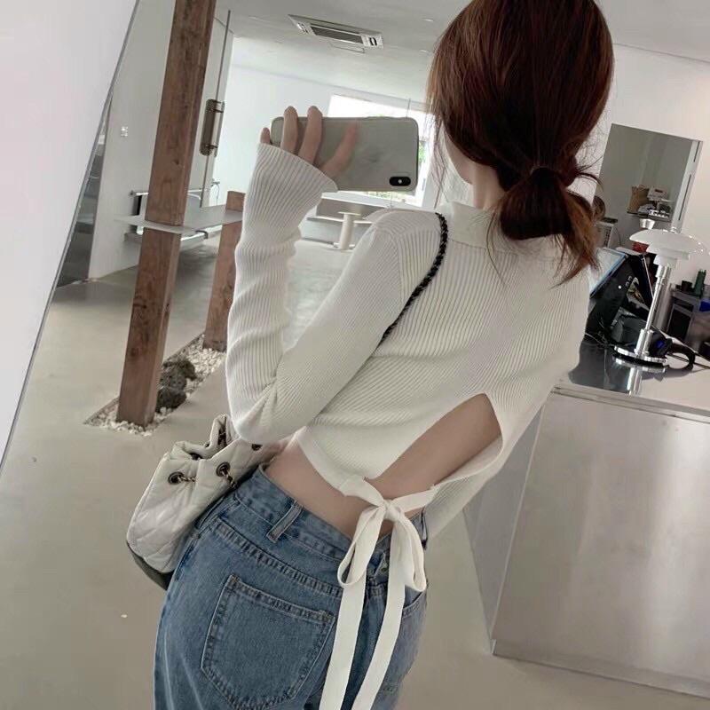 Áo len tăm nữ dài tay cổ bẻ xẻ V dây buộc sau hở lưng dáng croptop