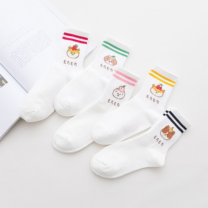 5 Đôi Tất Vớ Tất nữ kẻ sọc ngang cổ cao họa tiết cún con đáng yêu TN57 Chất liệu cotton cao cấp có độ đàn hồi cực cao