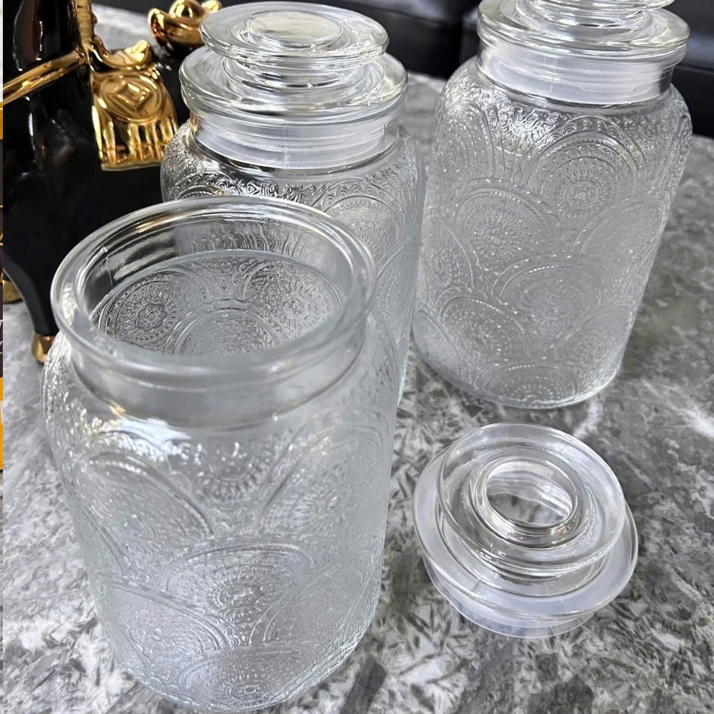 Bộ 3 Hũ Thủy Tinh Đựng Thực Phẩm Lê Bên Làng LBL1210, Nắp Kín, Hoa Văn, Dung Tích 1L, 1.3L, 1.5L