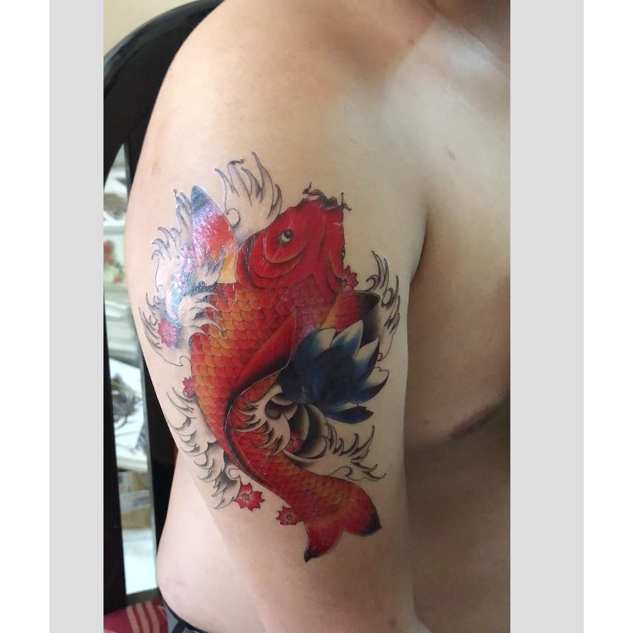 Combo 3 tấm hình xăm dán tattoo cao cấp 15X21cm CÁ CHÉP LƯỚT SÓNG CHỜ HÓA RỒNG