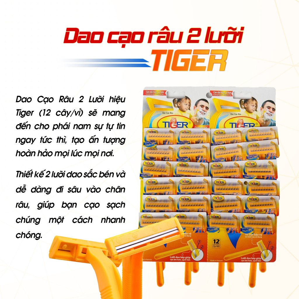 Dao cạo râu 2 lưỡi Tiger We're Men (24 cây/ vỉ)- xài 1 lần tiện lợi mang lên máy bay đi du lịch được, 2 lưỡi dao sắt bén, không gỉ sét