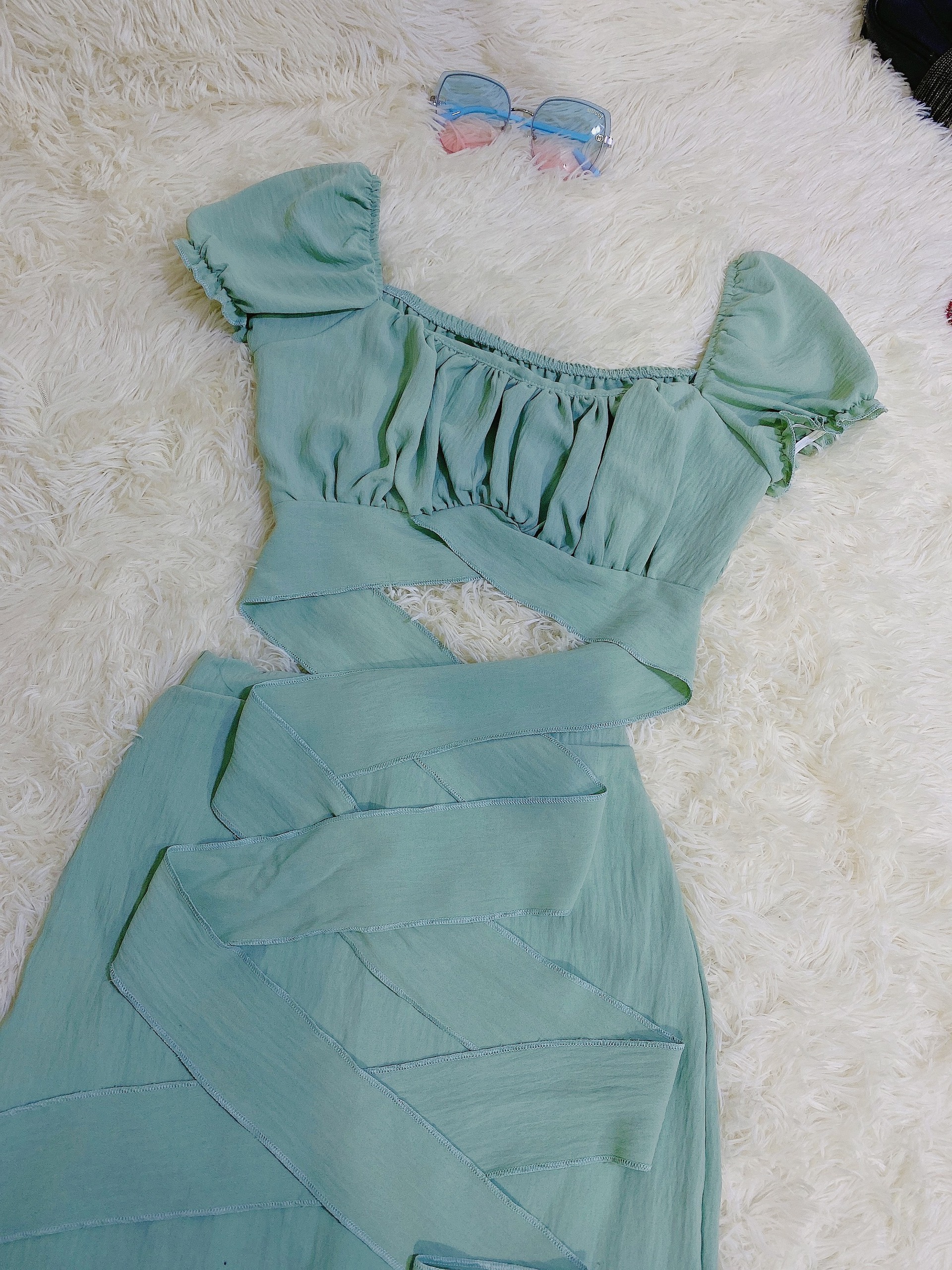 Set Đầm Nữ/ Set Áo Croptop Tay Bồng Dây Quấn Eo + Chân Váy Chữ A