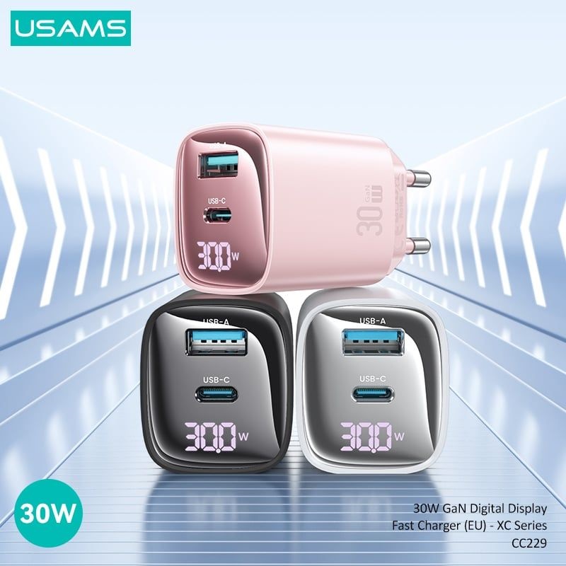 Củ sạc nhanh USAMS CC229 tích hợp 2 Cổng A+C 30W GaN Digital Display Fast Charger- Hàng Chính Hãng