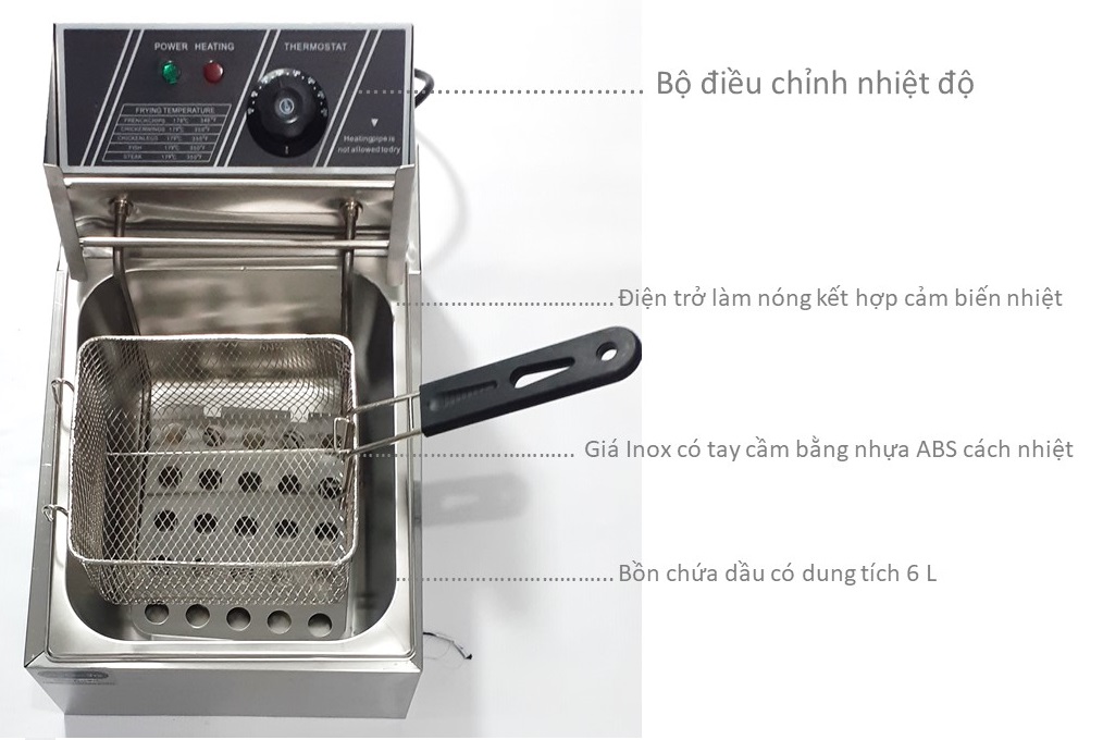 Bếp chiên nhúng đơn DK-01: Dung tích: 6 Lít Công suất: 2500 W. Chất Liệu Inox 304 Có Cách Nhiệt.