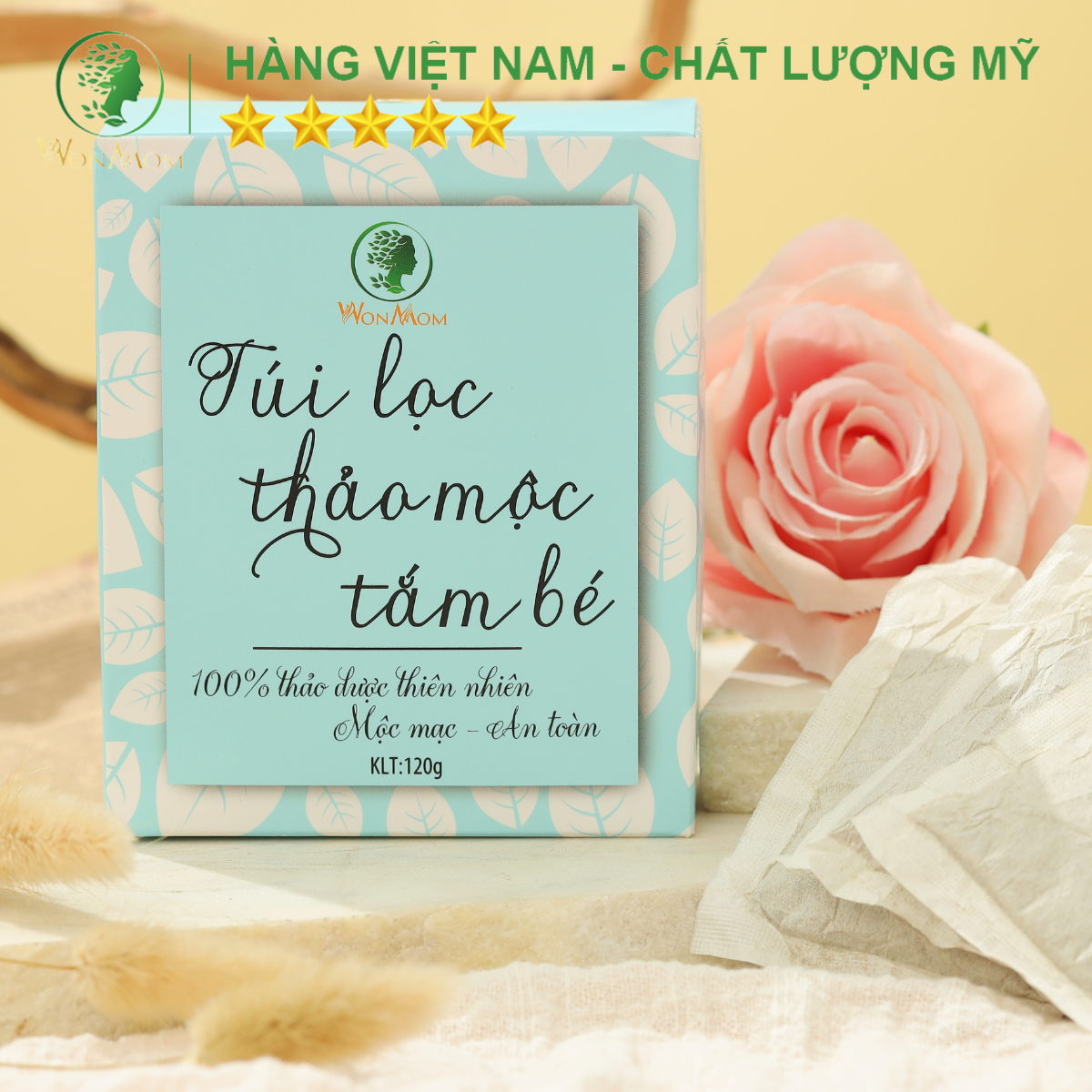 Hình ảnh Túi lọc thảo mộc tắm bé ngăn ngừa rôm sảy, dưỡng da và tóc bé mềm mại Wonmom 120g ( 10 Túi/ Hộp )