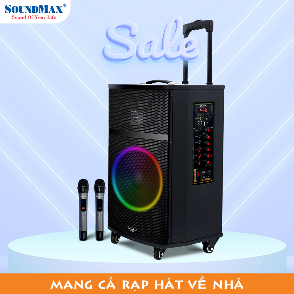 Loa Karaoke Di Động SoundMax M-33 | Loa Bluetooth SoundMax M33| Trolley Speaker | Công suất 100W, Bass 12" | Hỗ trợ USB, Thẻ Nhớ TF, Đèn LED RGB | Tặng 2 Micro Không Dây | Ngõ Vào Guitar - Hàng Chính Hãng