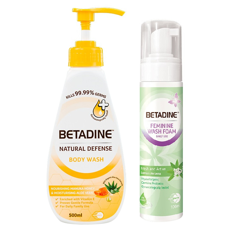 Combo sữa tắm kháng khuẩn Betadine hương mật ong Manuka chai 500ml + Bọt vệ sinh phụ nữ Betadine Fresh Active Lemon 100ml