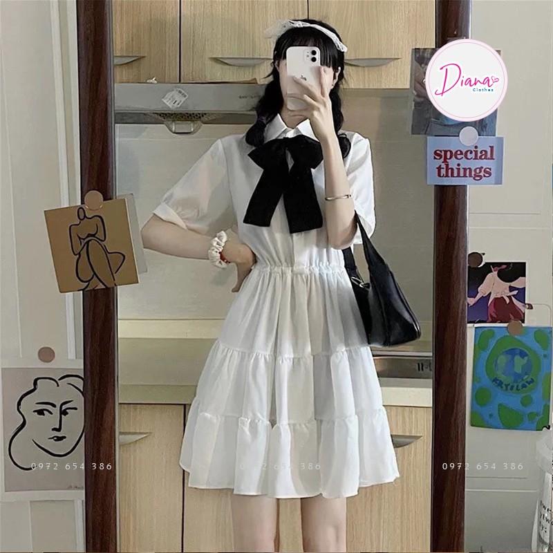 Váy nữ đầm babydoll cổ nơ - Màu đen trắng - dáng xoè tay phồng kiểu dáng Hàn Quốc