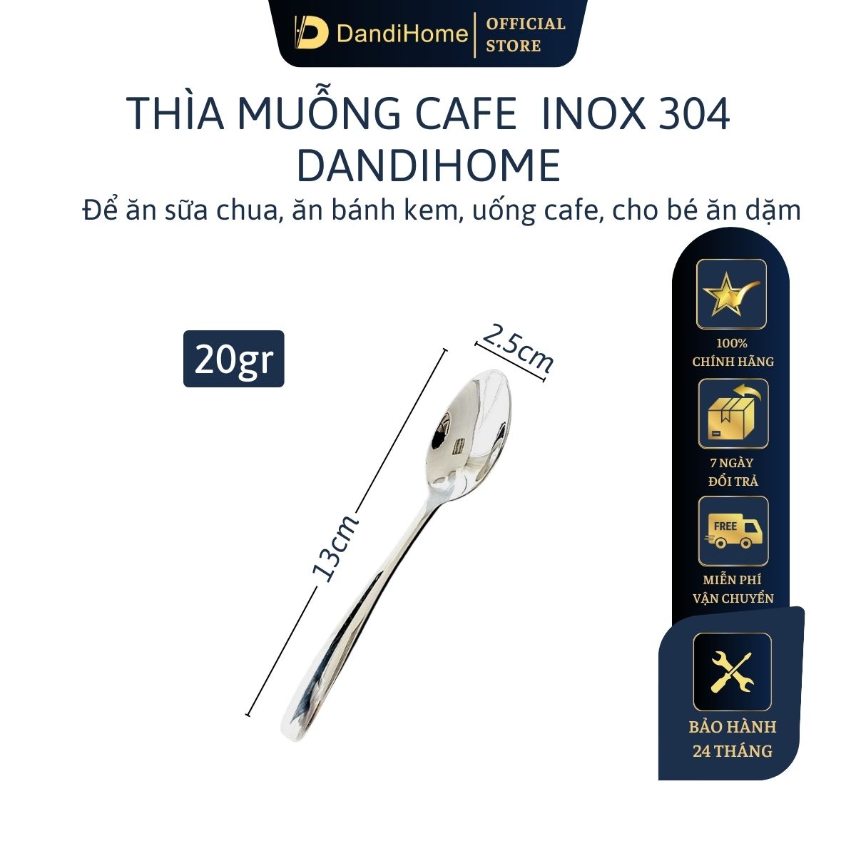 Thìa cafe DandiHome inox 304 cao cấp dùng để uống cafe, uống trà, ăn bánh kem, ăn dặm cho bé