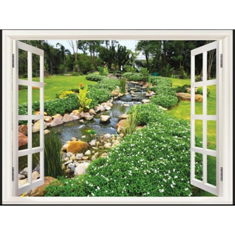 Tranh dán tường cửa sổ 3d tranh phong cảnh thiên nhiên in Vải Lụa