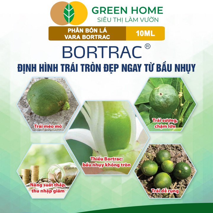 Phân Bón Lá Bortrac GreenHome. Gói 10ml, Giúp Tăng Sức Sống Hạt Phấn, Hạn Chế Rụng Hoa – Trái Non