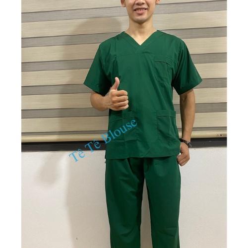 Bộ SCRUBS cổ tim phòng mổ, đồng phục phẫu thuật, Spa, phòng khám, màu XANH LÁ, vải LON mỏng và Thun co giãn cao cấp