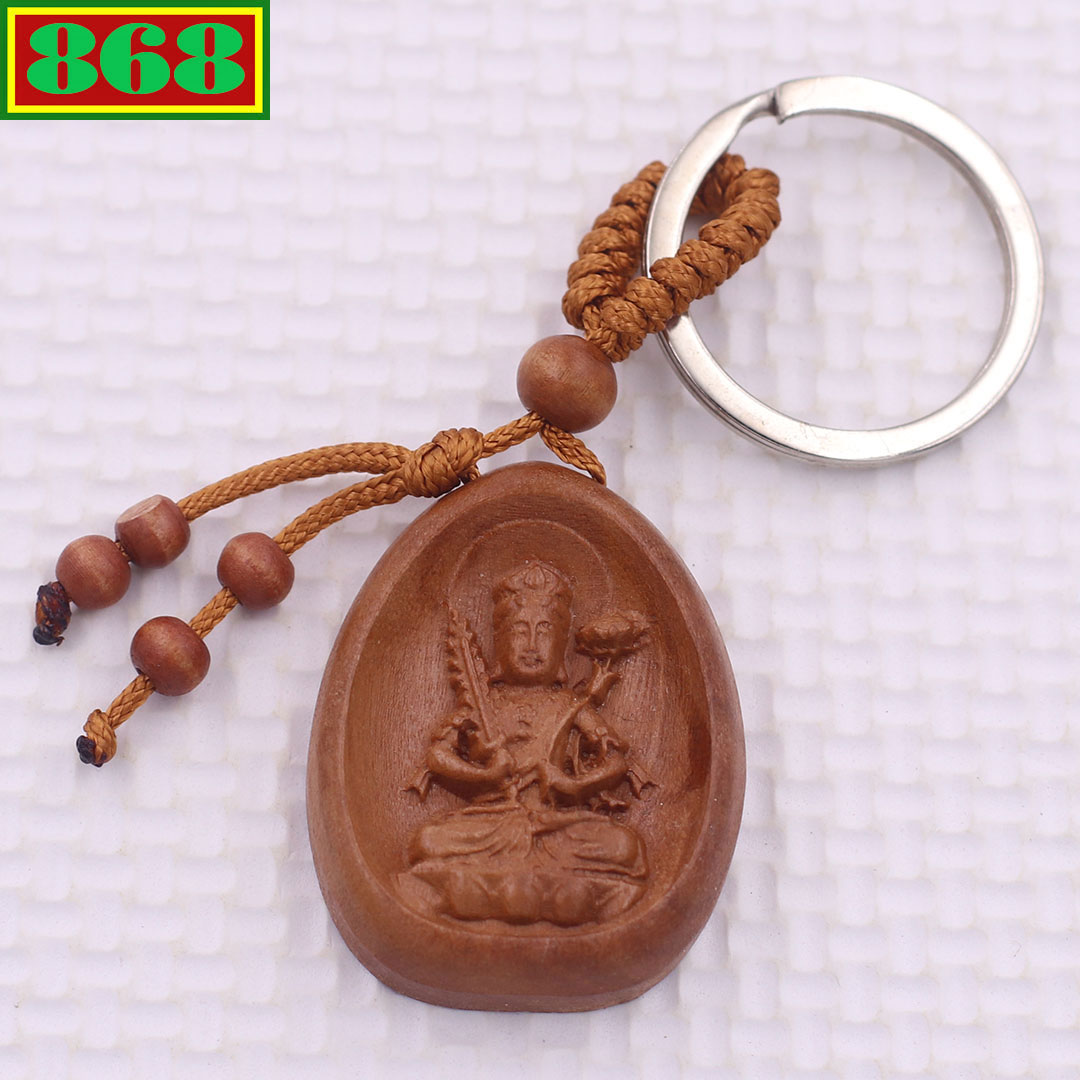 Móc chia khóa Phật Hư không tạng gỗ đào, móc chìa khóa Phật bản mênh
