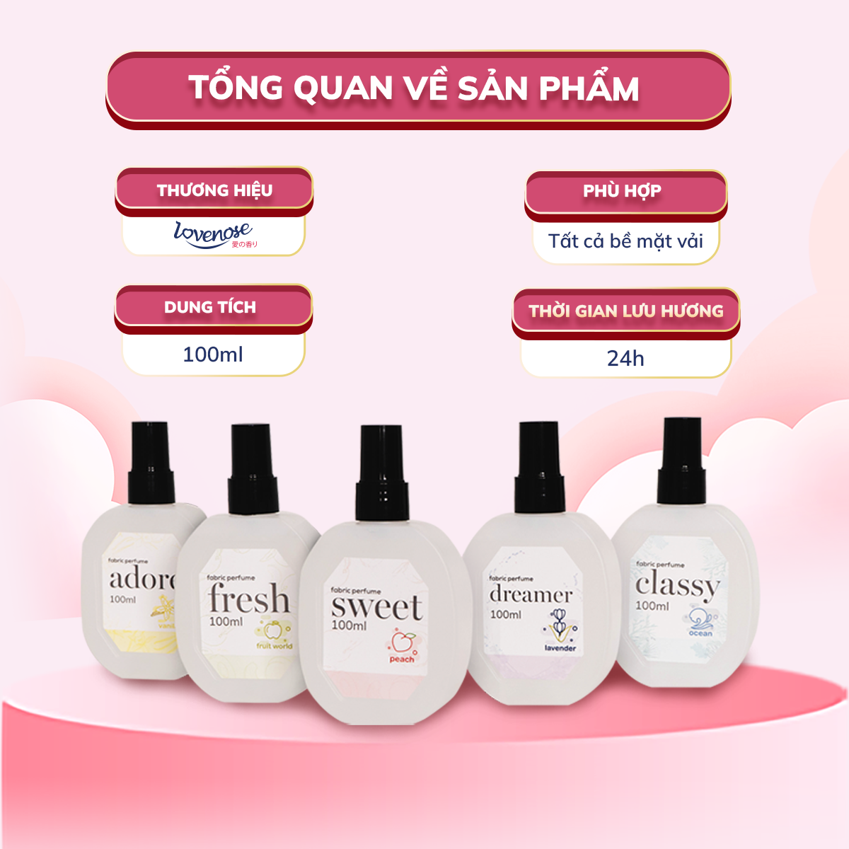 Xịt thơm quần áo Lovenose 100ml chiết xuất thiên nhiên thơm mát khửi mùi hôi và mang lại hương thơm lâu dài