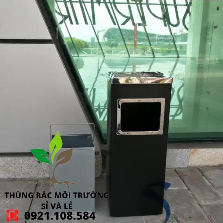 Thùng rác gạt tàn vuông màu bạc / đen