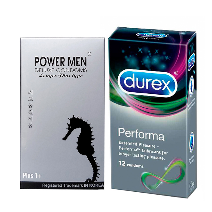 Bao cao su Durex Performa và Powermen hỗ trợ trị xuất tinh sớm Hộp 12 chiếc, Ôm sát, Gân Gai Tăng khoái cảm cho Nàng, Kéo dài thời gian cho Chàng gấp 4 lần - Hàng chính hãng 100%