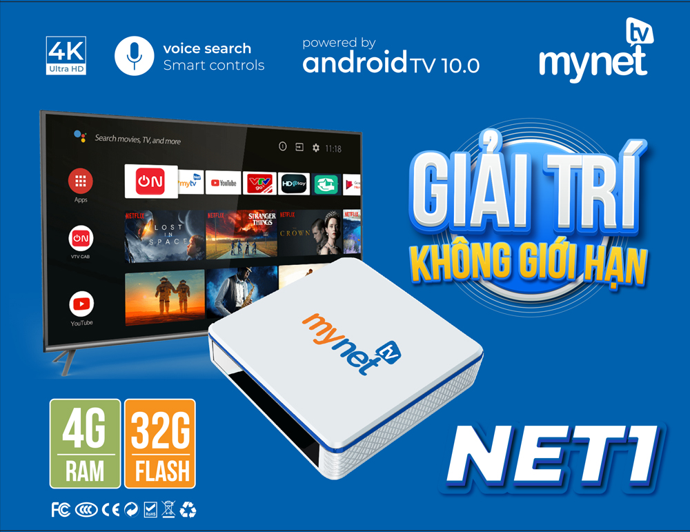 Android tivi box MYTV  MYNET TV 4H – RAM 4G, ROM 32G, Hệ điều hành Android 10, BLUETOOTH Có điều khiển giọng nói Xem truyền hình miễn phí- Hàng chính hãng