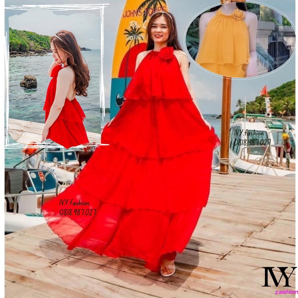 Đầm váy maxi voan chiffon lót 2 lớp mút ngực trắng tầng yếm hoa cổ vàng đi biển dự tiệc dạo phố bigsize gợi cảm sexy