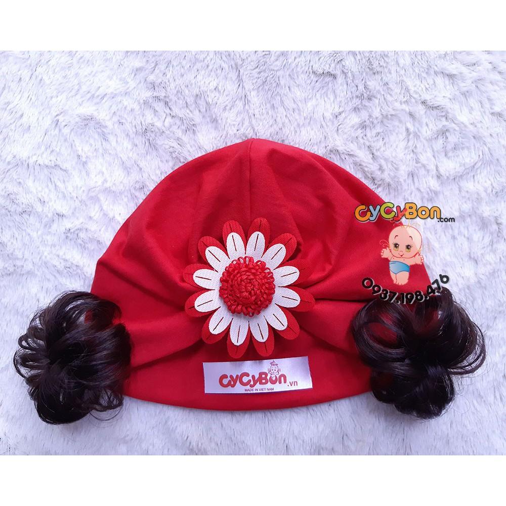 Nón Turban Chất Thun Cotton Bao Co Giãn Đính Bông Cúc Đỏ Trắng Kèm Tóc Giả Cho Bé Gái - Có Size Cho Bé Từ Sơ Sinh