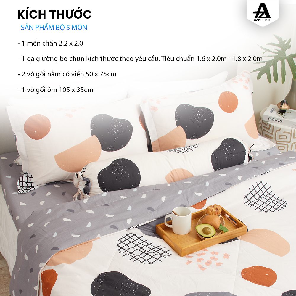 Bộ Ga Trải Giường 5 Món Round Spots Mềm Mại 100% Cotton Tự Nhiên A2Z Home