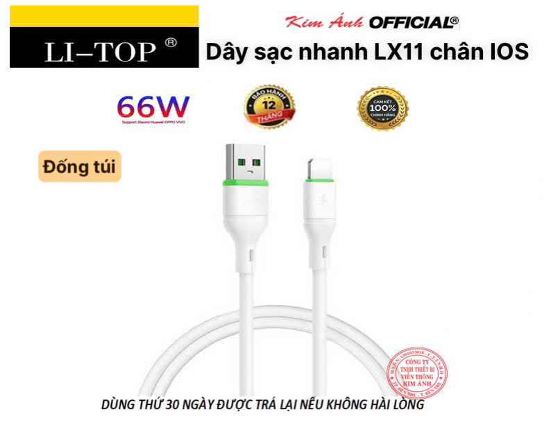 Dây sạc nhanh LI-TOP LX11 chân IOS (Túi) công suất 66W, Kim Ánh cho dùng thử 30 ngày, bảo hành hàng chính hãng 12 tháng