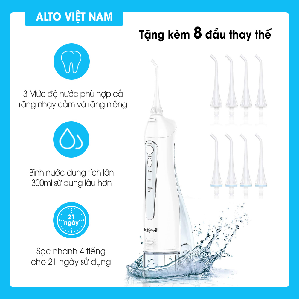 Máy tăm nước cầm tay FAIRYWILL FW-5020E Bản Màu Trắng Thiết kế nhỏ gọn Sạc bằng USB Dễ mang đi du lịch Hàng Chính Hãng