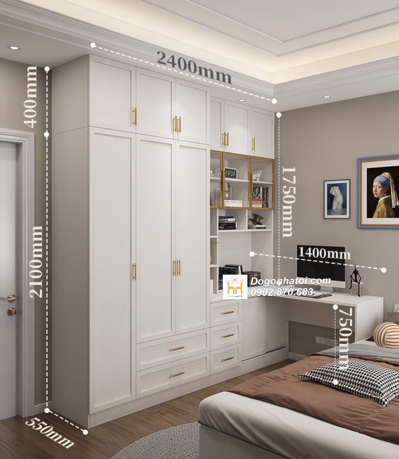 Bàn làm việc kết hợp tủ quần áo phong cách tân cổ điển 2m4 x 2m4 - TA214