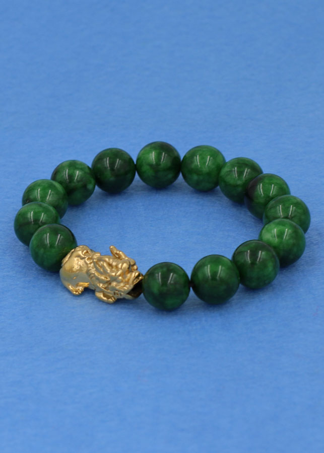 Chuỗi đeo tay Cẩm Thạch Đông Ninh 12 ly - cẩn Tỳ Hưu inox vàng VCTDNTHV12