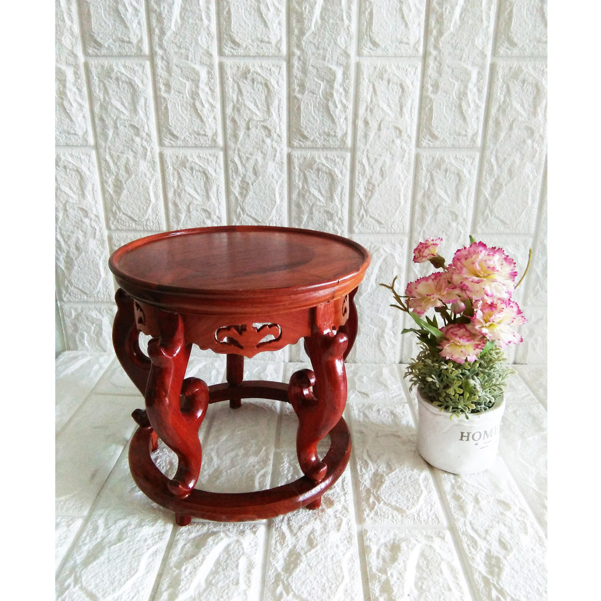 Đôn kệ tròn kiểu cổ Gỗ Hương Ta Đỏ 22 cm - KTG22
