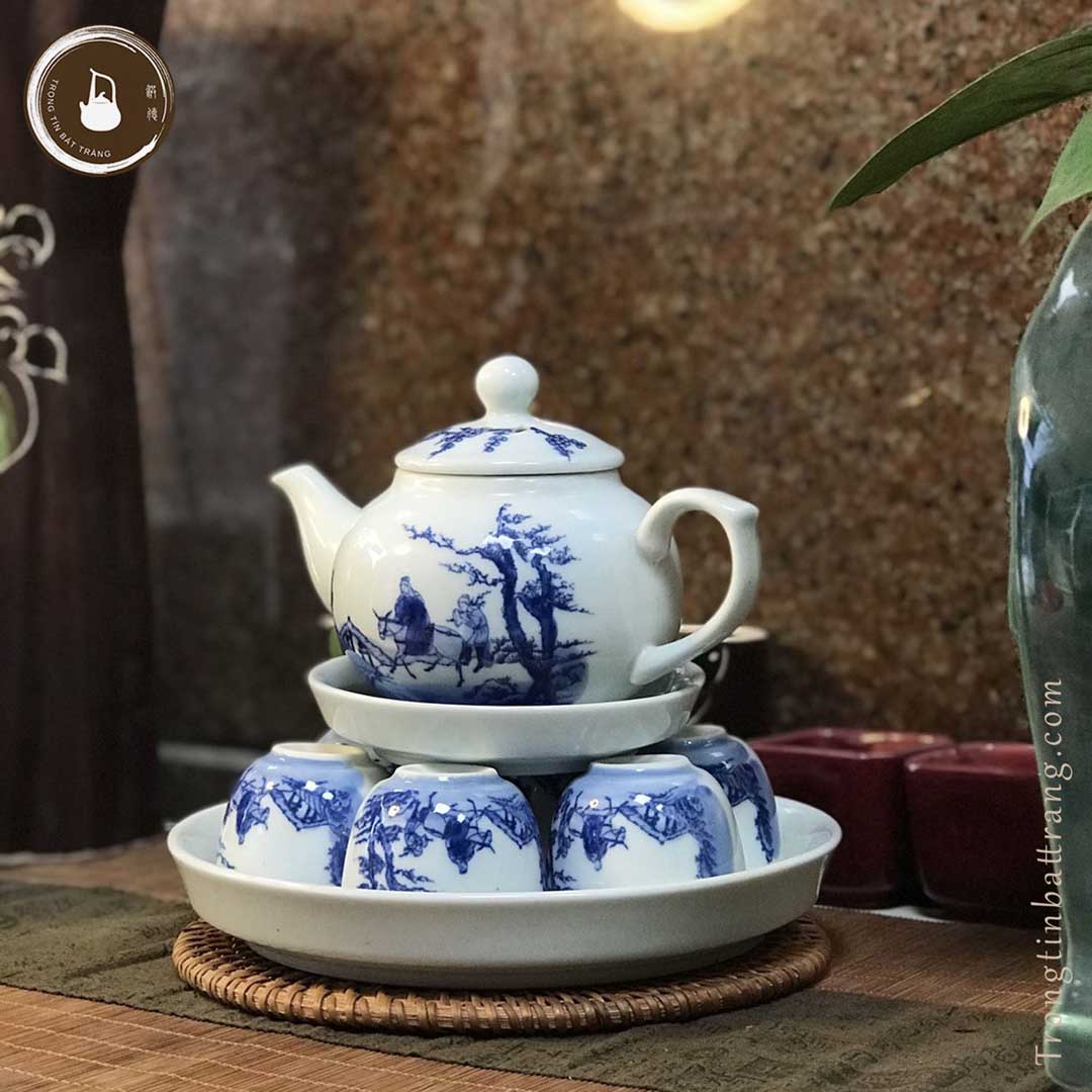 Bộ Ấm Chén Trà Đạo Gốm Trắng Men Lam Bát Tràng Tiêu Dao Dáng Tiêu Anh Dung Tích 230ml ATA 02