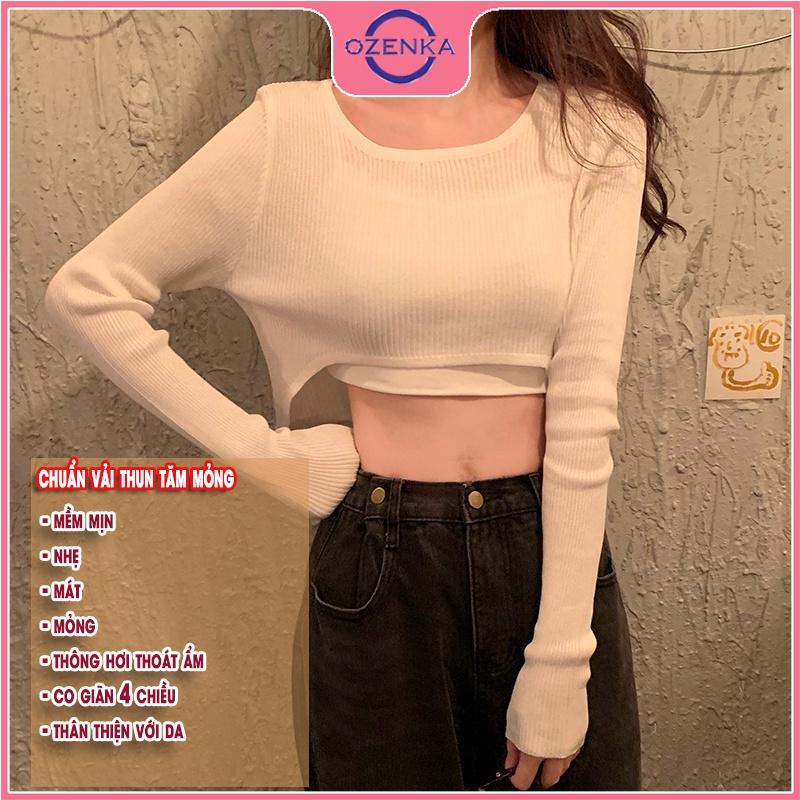 Áo thun croptop tay dài mỏng mặc hè ,crt kiểu hàn quốc rộng khoét gấu gợi cảm mặc đi chơi đi học đen trắng