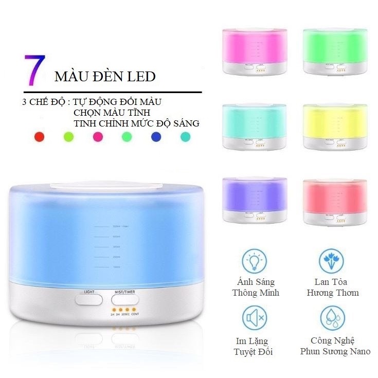 Máy xông tinh dầu siêu âm cao cấp 550ml  - Đèn LED 7 màu - Chế độ máy khuếch tán tinh dầu mạnh - Hẹn giờ tự tắt - Xông hơi liên tục 24h - Kèm Remote -  Tặng 1 tinh dầu 10ml