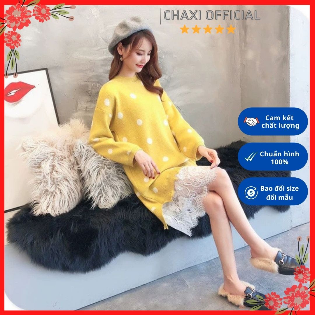 Đầm len suông dáng dài màu vàng chấm bi trắng phối ren tiểu thư siêu cute - DL38332