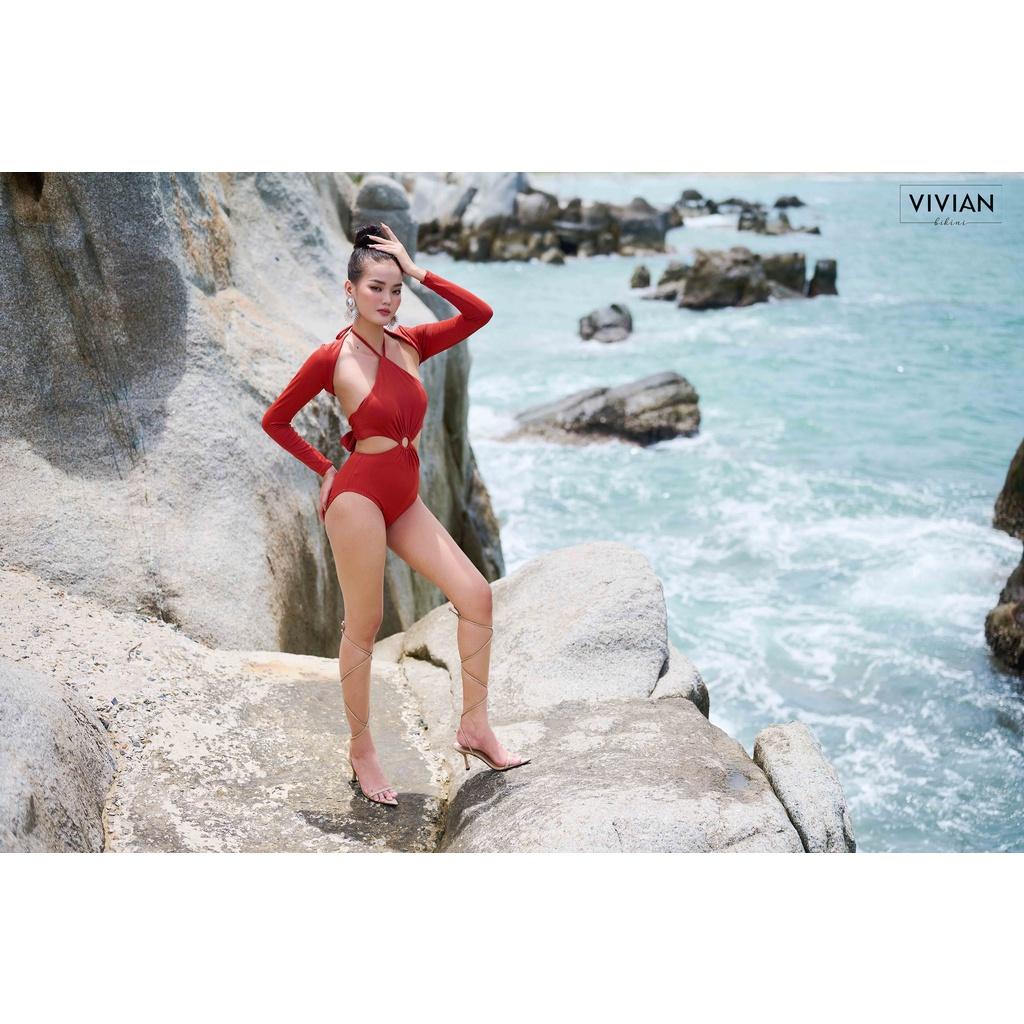Đồ bơi nữ cao cấp dạng một mảnh yếm phối áo tay dài cover - màu Nâu - VS187_BR