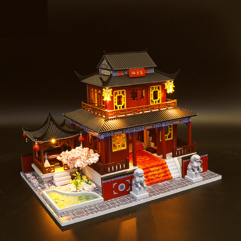 Mô hình nhà DIY Doll House Biệt phủ cổ Trung Quốc Kèm Đèn LED và Mica chống bụi