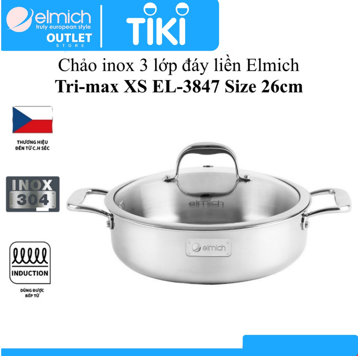 Chảo Xào Inox 304 3 lớp Đáy Liền ELMICH TrimaxXS EL3847 26cm