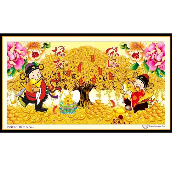 Tranh thêu cây tiền thần tài tấn tài tấn lộc LV3497 - kích thước: 100 * 55cm.