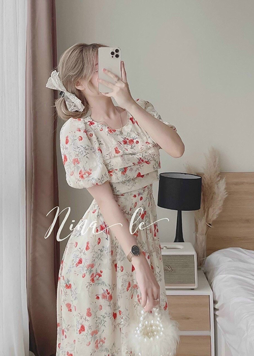 Đầm Maxi Voan Hoa 2 Lớp Tay Phồng Xếp Ly Ngực Thời Trang