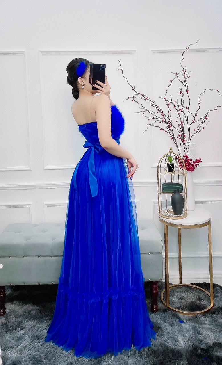 Đầm maxi dự tiệc lưới nhún lai phối lông ngỗng TRIPBLE T DRESS -size M/L - MS131Y