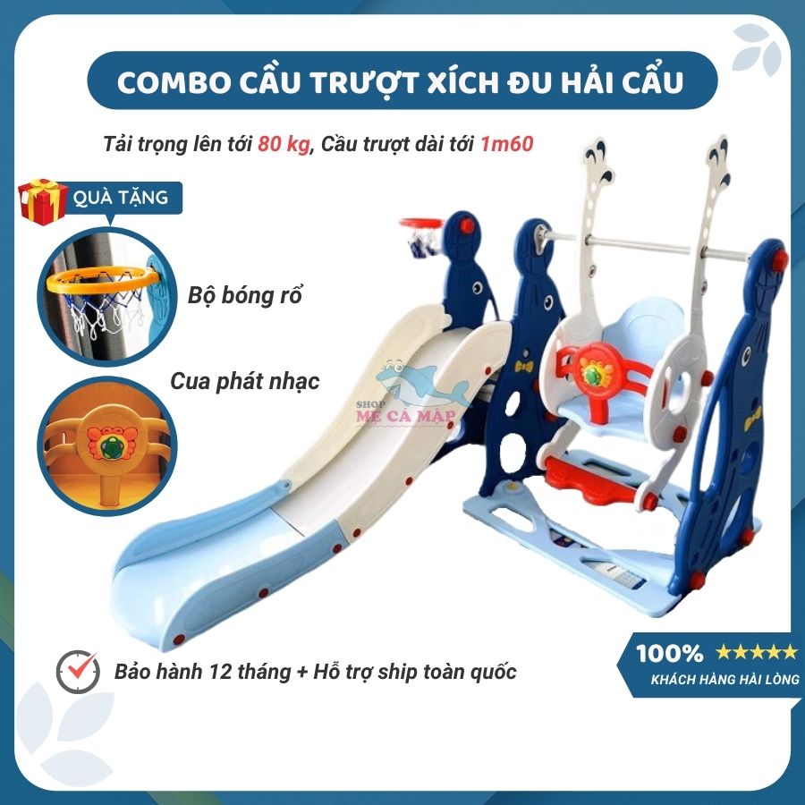 Combo cầu trượt xích đu Hải Cẩu, TẶNG KÈM BỘ BÓNG RỔ , cầu trượt cho bé chịu tải trọng 80kg